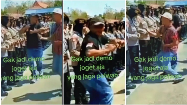 Peserta demo goyang dangdut saat berhadapan dengan polwan (Instagram)