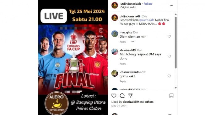 Informasi nobar di Klaten yang tersebar di Instagram, namun menimbulkan masalah soal hak siar. [Instagram]
