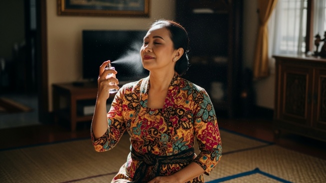 Ibu-ibu menggunakan parfum dari minimarket (Google Studio AI)
