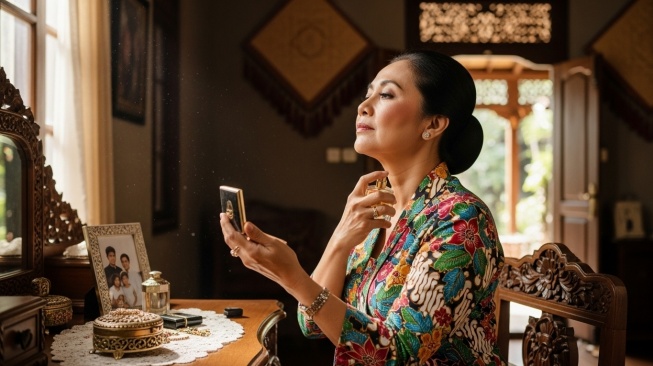 Ibu-ibu menggunakan parfum dari minimarket (Google Studio AI)
