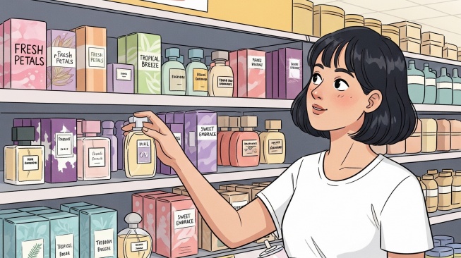 Seorang ibu memilih parfum di rak Indomaret dengan berbagai pilihan wangi yang terjangkau. [Gemini Ai]