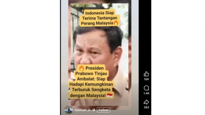 Hoaks Presiden Prabowo siap perang lawan Malaysia. [Dok. Istimewa]
