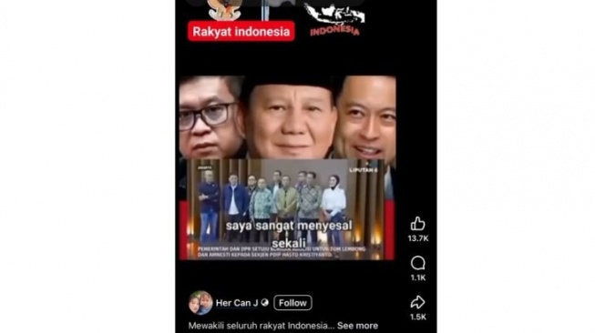 Hoaks Sufmi Dasco menyesal jadi relawan Prabowo Subianto. [Dok. Antara]