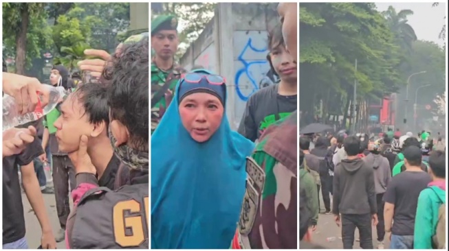 Ibu-ibu nelat ingin terobos gas air mata di depan Mako Brimob Kwitang (TikTok)