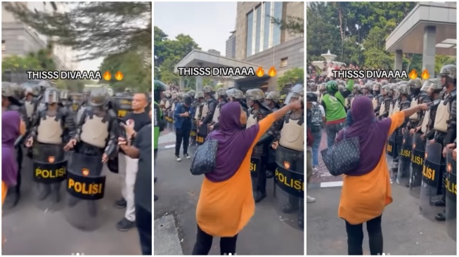 Viral Lagi! Setelah Pukul Mundur Brimob, Ibu Berjilbab Pink Kembali Semprot Polisi di Tengah Aksi