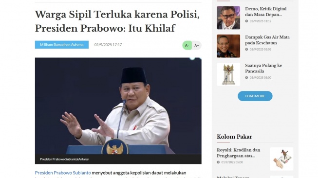 Naskah dan judul asli berita Prabowo Subianto soal polisi khilaf saat melukai massa aksi. (Media Indonesia)