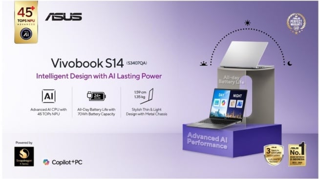 ASUS Vivobook S14 (S3407QA), laptop AI tipis dan ringan yang mengedepankan kecanggihan artificial intelligence (AI), baterai berkapasitas 70WHrs dengan daya tahan luar biasa (Dok: ASUS)