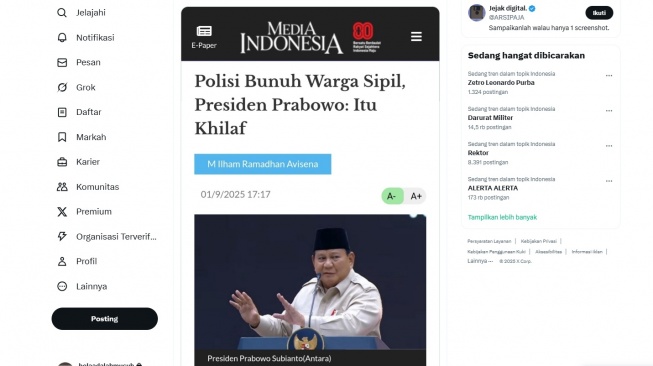 Tangkapan layar berita Prabowo bilang polisi saat bunuh warga adalah khilaf. (X.com)