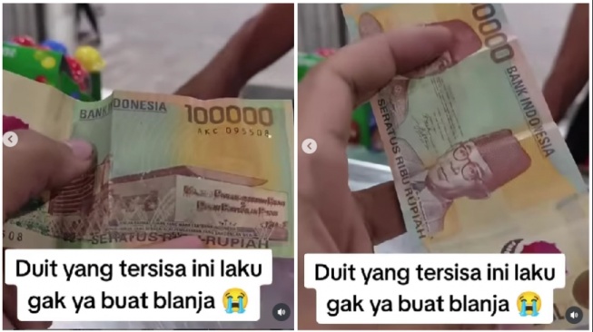 Pembeli ini menggunakan uang lama Rp100 ribu untuk belanja di warung (Instagram)