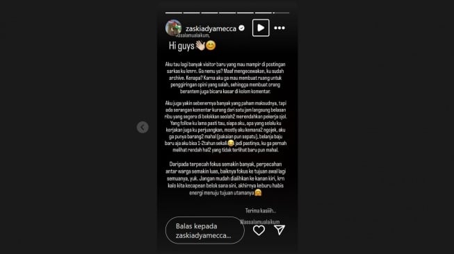 Zaskia Adya Mecca hapus unggahannya soal ojol (Instagram/@zaskiaadyamecca)
