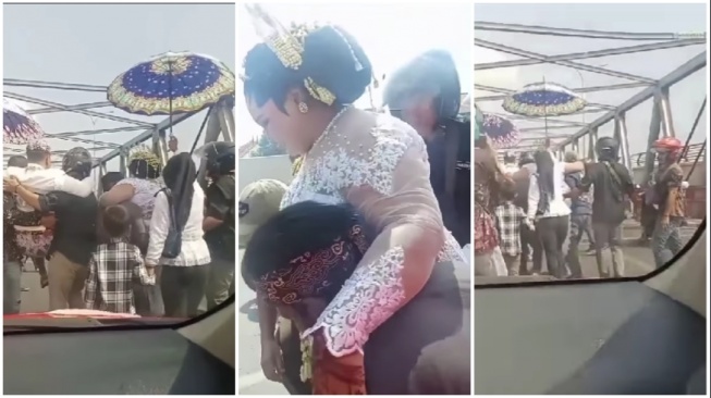 Pasangan pengantin di Brebes digendong saat ingin melewati jembatan Pemali (Instagram)