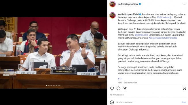 Wakil Menpora, Taufik Hidayat menyampaikan pesan perpisahan yang menyentuh untuk eks Menpora Dito Ariotedjo di media sosial Instagram. 