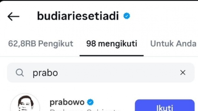 Penampakan akun IG Budi Arie yang kembali mem-follow akun Prabowo usai sebelumnya di-unfollow. (Tangkapan layar/ist)