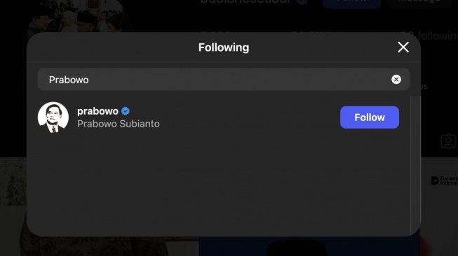 Akun Budi Arie sudah follow Prabowo
