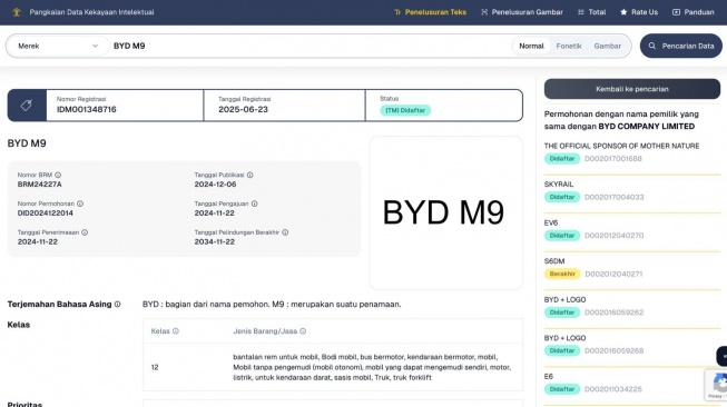 Nama BYD M9 Sudah Terdaftar di DJKI. (Foto: Tangkapan Layar/DJKI)