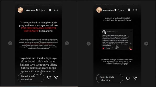 Klarifikasi Nadin Amizah soal pernyataannya di Pestapora 2025 (Instagram/@cakecaine)