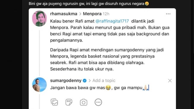 Denny Sumargo menolak jadi menpora (Threads/@sumargodenny)