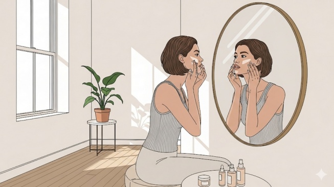 Ilustrasi wanita memakai skincare (Dibuat di Gemini AI)