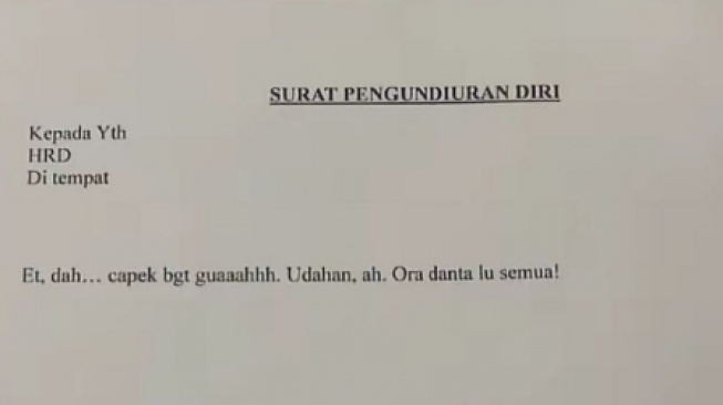 Viral Surat Pengunduran Diri 'Ora Danta Lu Semua!', Netizen: Bekasi Keras, Bos!