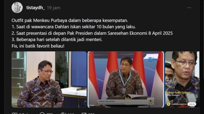 Menteri Keuangan Purbaya Yudhi pakai baju batik yang sama (Thread/@tistaydh_)