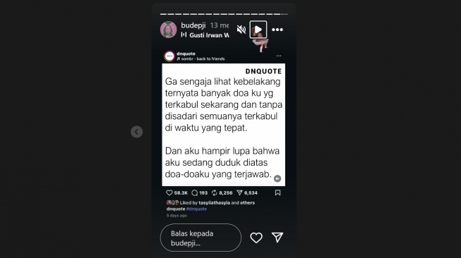 Tasyi Athasyia like quotes soal doanya yang telah terkabul (Instagram/@budepji)