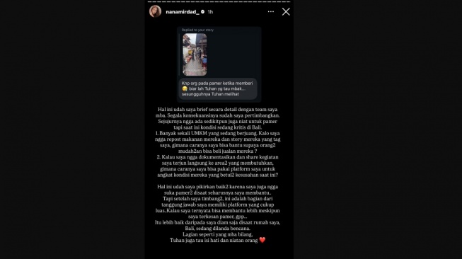 Nana Mirdad Balas Menohok Sentilan Netizen Soal Pamer Bantu Korban Banjir Bali. [Instagram]