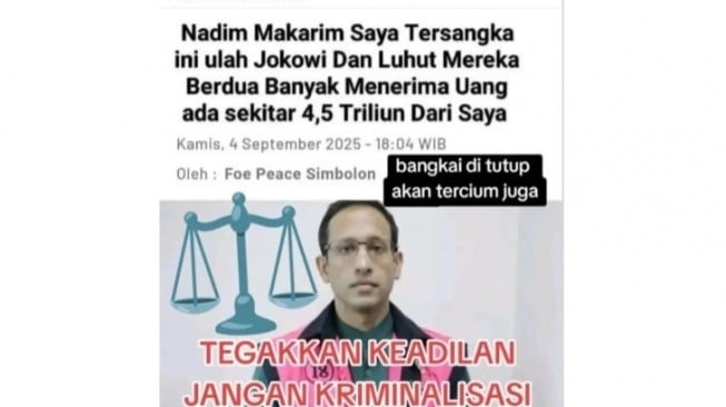 Hoaks Nadim Makarim sebut Luhut dan Jokowi terima uang. [Dok. Istimewa]