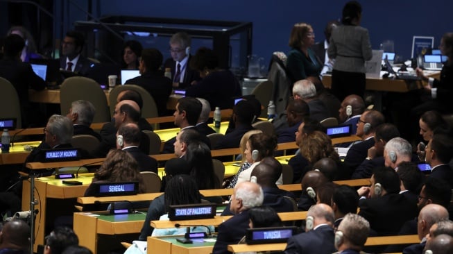 Suasana Sidang Umum Perserikatan Bangsa-Bangsa ke-80 di Markas Besar PBB di New York, Amerika Serikat, Selasa (23/9/2025). [Handout/Sekretariat Presiden]