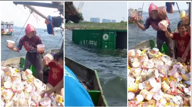 Nelayan Karawang mengumpulkan mie instant dari kontainer hayut di laut (Instagram)
