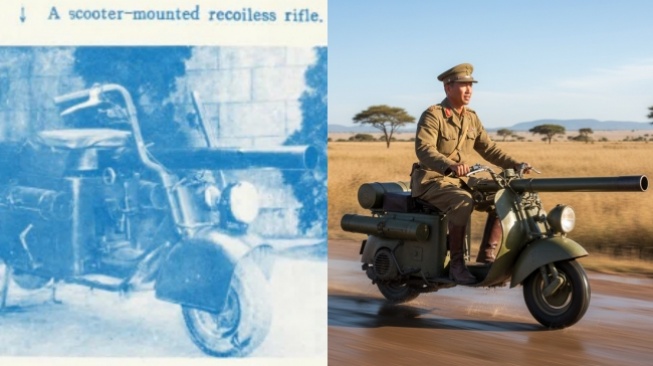 Foto jadul Mitsubishi Silver Pigeon C-25 (kiri) dan hasil reka ulang desain oleh Gemini AI (kanan). (War Thunder forum dan Gemini AI)