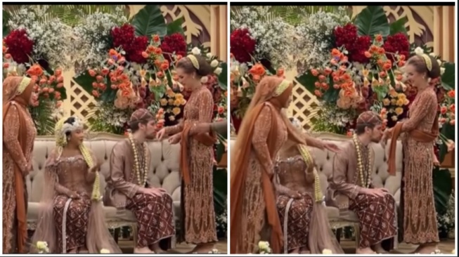 Seorang pengantin pria bule nampak kebingungan saat melalui proses cium tangan ke ibunya (Instagram)