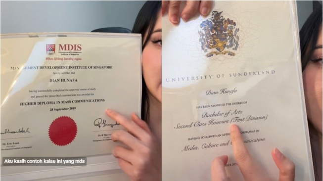 Ijazah Dian Hunafa dari MDIS dan Universitas Sunderland (TikTok)