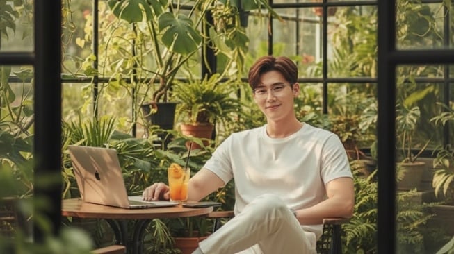 Ilustrasi Lee Jong-suk sedang nongkrong di kafe (Dibuat dengan Gemini AI)