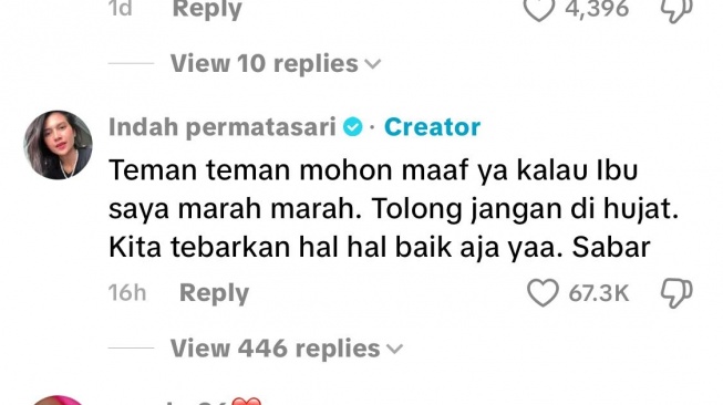 Indah Permatasari akhirnya buka suara soal tingkah sang ibu, Nursyah, yang kembali melontarkan sindiran pedas untuk menantunya, komika Arie Kriting. [TikTok]