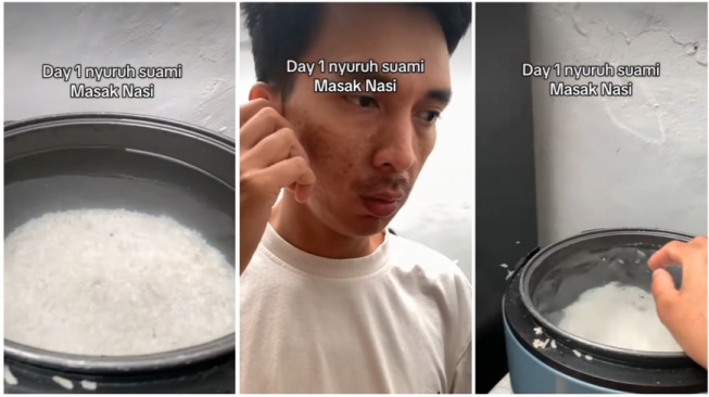 Lucunya Suami Pertama Kali Masak Nasi, Ekspresi Pusingnya Lihat Teknik Jari Istri Bikin Ngakak