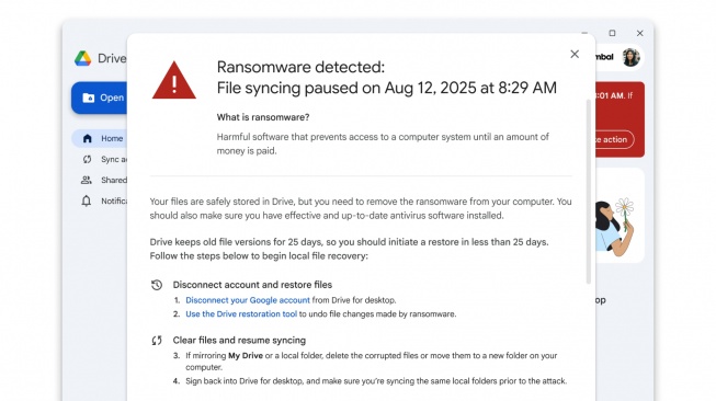 Peringatan ransomware di Google Drive. [Google Indonesia]