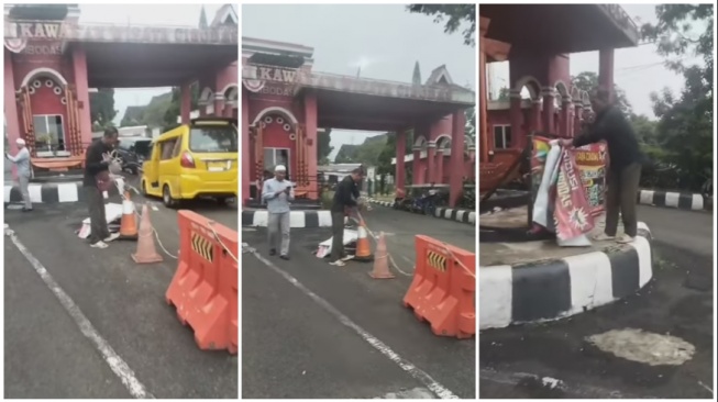Beberapa orang nampak membongkar pembatas jalan dan merobek tulisan pembayaran restribusi uang masuk di gerbang Taman Nasional Cibodas (Instagram)