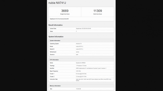 Bocoran Geekbench Nubia Z80 Ultra. [Gizmochina]