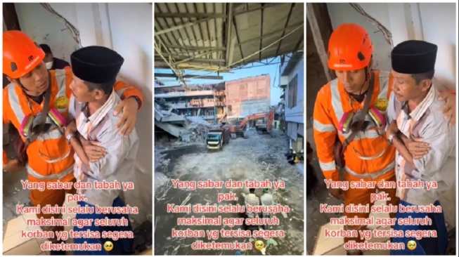 Petugas SAR nampak mencoba menenangkan seorang bapak yang menantikan putranya yang menjadi korban reruntuhan musala Ponpes Al Khoziny (Instagram)