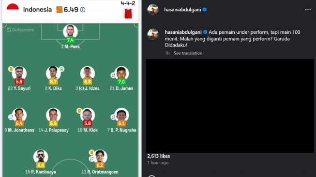 Mantan Exco PSSi pertanyakan keputusan pemilihan pemain Timnas Indonesia. (IG Hasani Abdulgani)