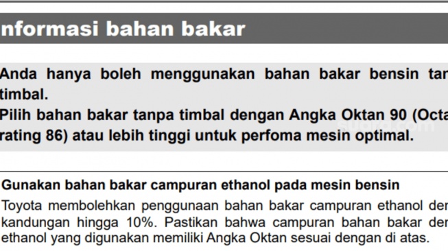 Aturan baku penggunaan Bahan bakar Toyota Avanza yang mengandung Etanol (Manual Book Toyota)