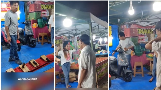 Seorang pria berhasil memenangkan 2 sepeda listrik di salah satu permainan pasar malam (Instagram)