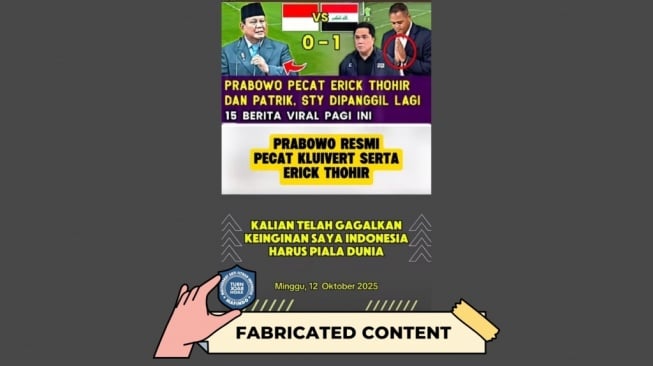 Hoaks Prabowo Subianton memecat Kluivert dan Erick Thohir dari jabatannya sebagai Ketua Umum PSSI.. [Dok. Istimewa]