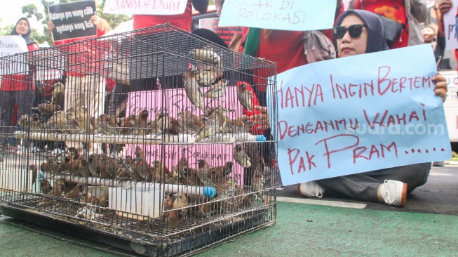 Sejumlah pedagang Pasar Hewan Barito saat berunjuk rasa di depan Balai Kota DKI Jakarta, Selasa (14/10/2025). [Suara.com/Alfian Winanto]