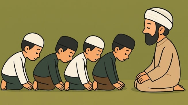 Ilustrasi jalan jongkok para santri. [ChatGPT]