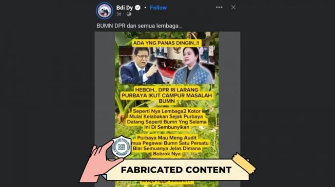 Hoaks DPR RI larang Menkeu Purbaya Yudhi Sadewa ikut campur urusan BUMN.