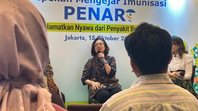 Direktur Imunisasi Kementerian Kesehatan RI, Prima Yosephine mendorong Sepekan Mengejar Imunisasi (PENARI) di Jakarta, Rabu (15/10/2025) (Suara.com/Dini Afrianti)