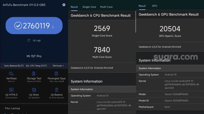 Performa skor AnTuTu Xiaomi 15T Pro serta Geekbench 6. [Suara.com/Dicky Prastya]
