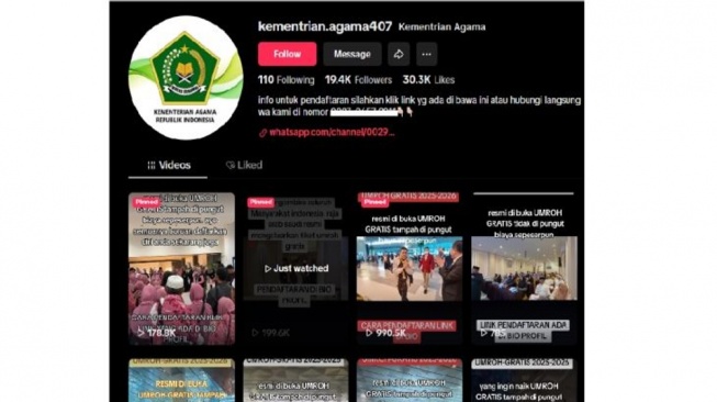 Hoaks Akun TikTok Kemenag Tawarkan Umroh Gratis. [Dok. Antara]