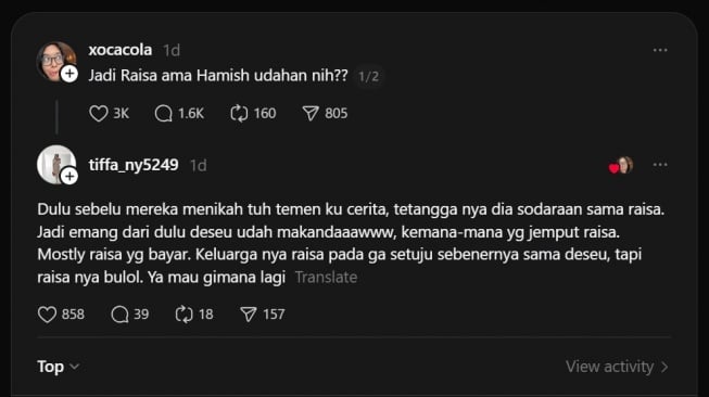 Pengakuan orang lingkaran dalam Raisa soal rumah tangganya (Thread @tiffa_ny5249)